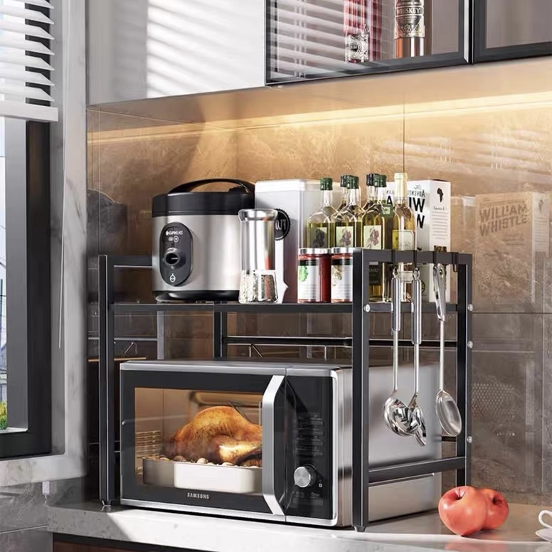 フック付き 高さ調整可能 電子レンジ台収納ラック